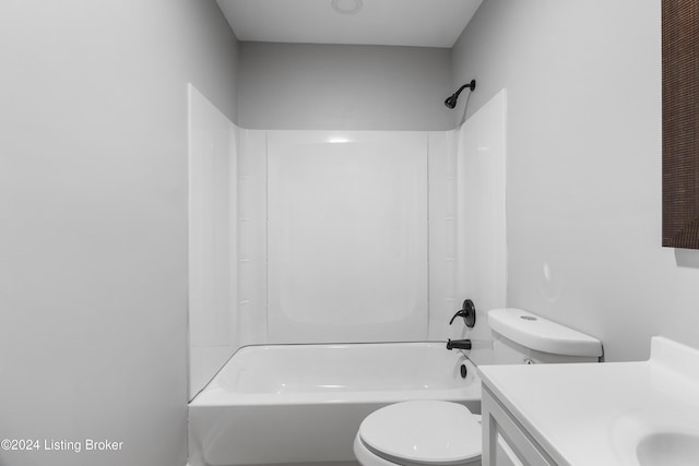 full bathroom with vanity,  shower combination, and toilet