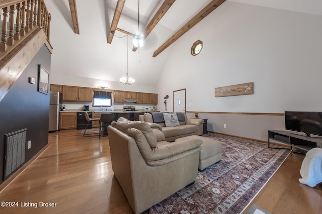 315 Timberlake Ln, Mcdaniels, KY 40152 - living room with high vaulted ceiling, wood finished floors, beamed ceiling, and a chandelier