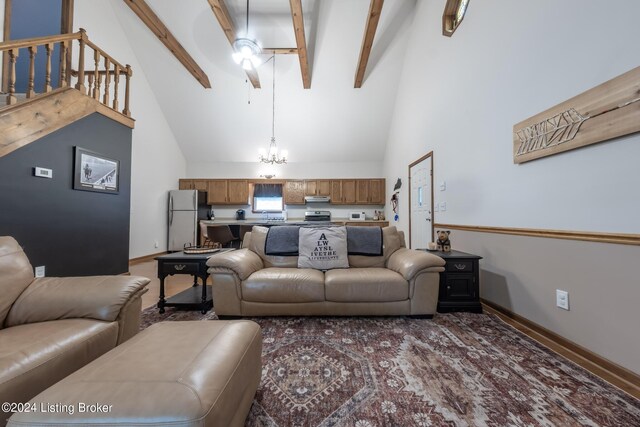 315 Timberlake Ln, Mcdaniels, KY 40152 - living room featuring a ceiling fan, high vaulted ceiling, and beam ceiling