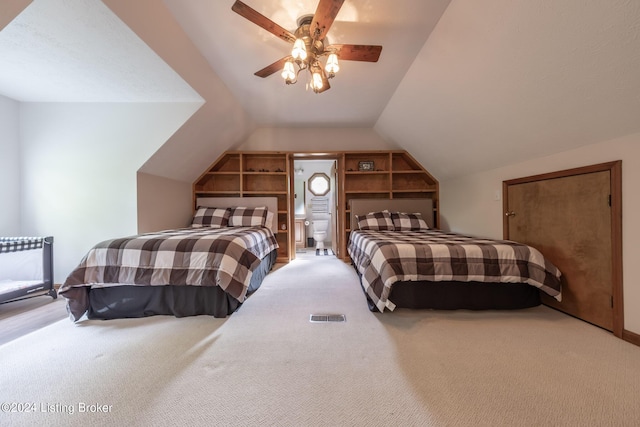 315 Timberlake Ln, Mcdaniels, KY 40152 - carpeted bedroom with vaulted ceiling and ceiling fan