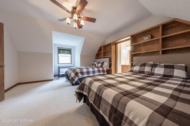 315 Timberlake Ln, Mcdaniels, KY 40152 - bedroom featuring vaulted ceiling, radiator, carpet flooring, and ceiling fan