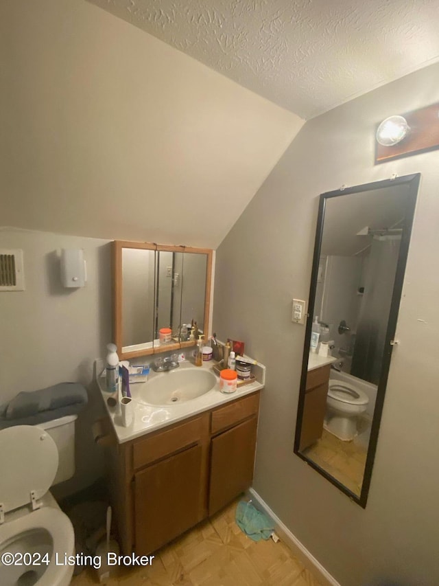 bathroom with vanity, toilet, a textured ceiling, and vaulted ceiling