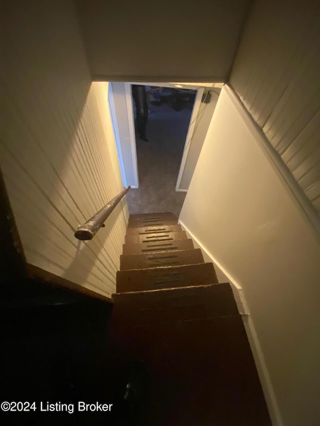 stairway featuring carpet flooring