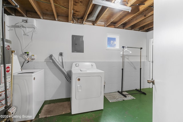 laundry room with gas water heater, separate washer and dryer, and electric panel