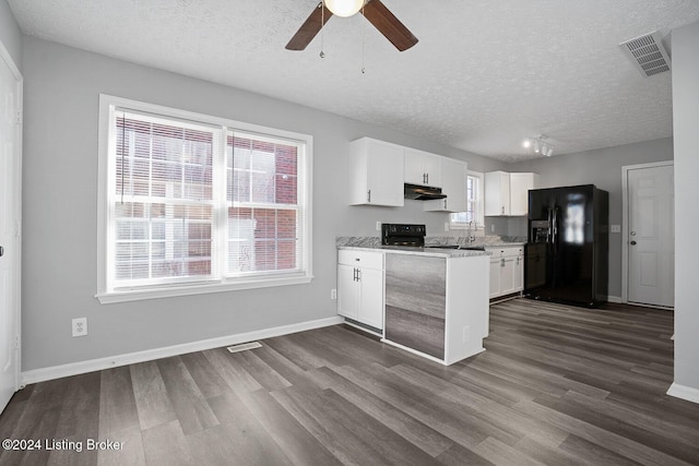 kitchen featuring ceiling fan, white cabinets, black appliances, and a textured ceiling