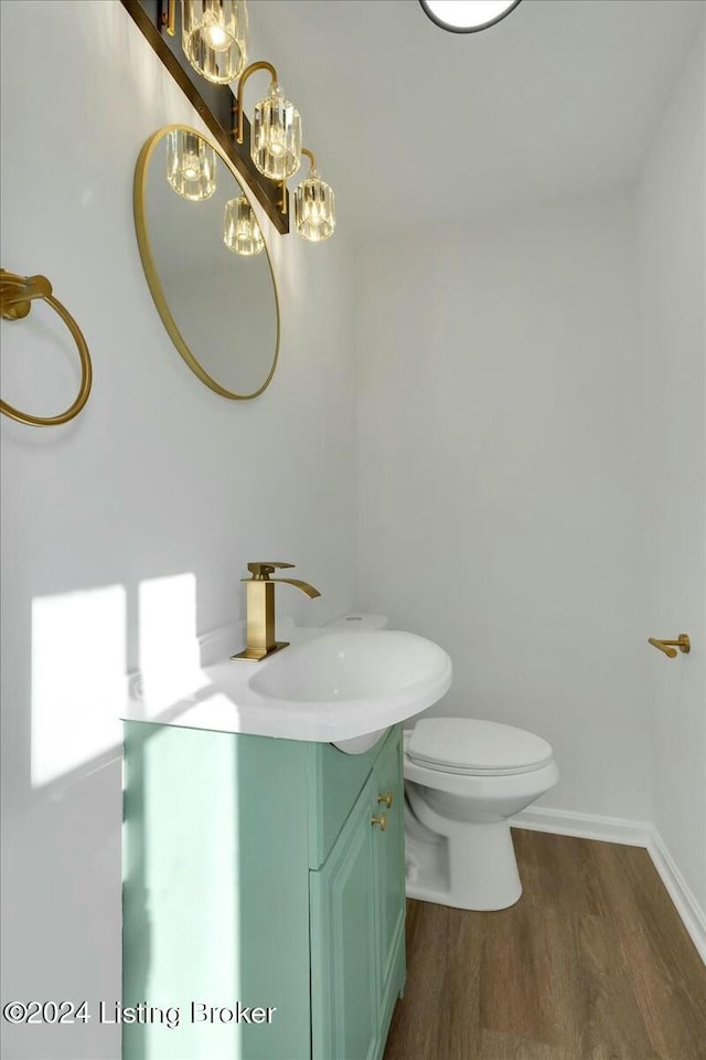 bathroom with vanity, hardwood / wood-style flooring, and toilet