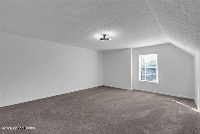 additional living space with lofted ceiling, carpet floors, and a textured ceiling