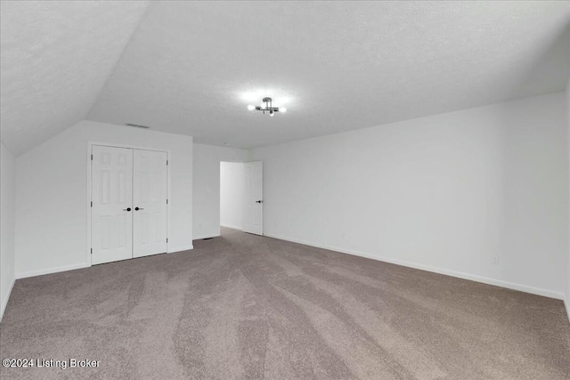 additional living space with carpet, a textured ceiling, and lofted ceiling