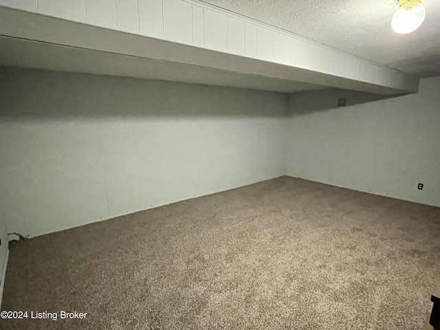 basement featuring carpet flooring and a textured ceiling