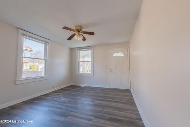 entryway with a textured ceiling, plenty of natural light, dark wood-type flooring, and ceiling fan