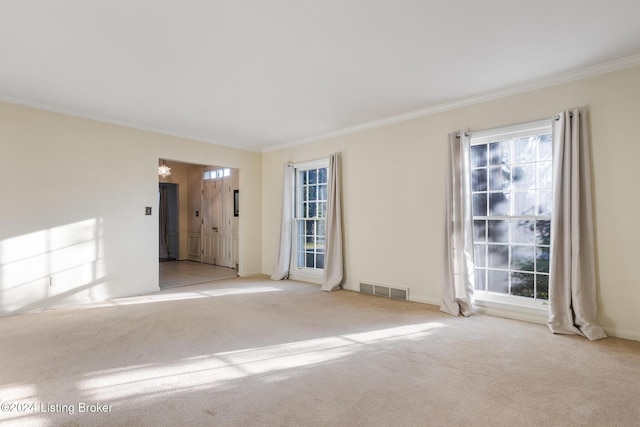 carpeted spare room featuring ornamental molding