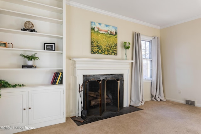 carpeted living room with ornamental molding