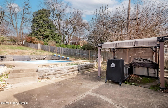 view of patio featuring a fenced in pool and area for grilling