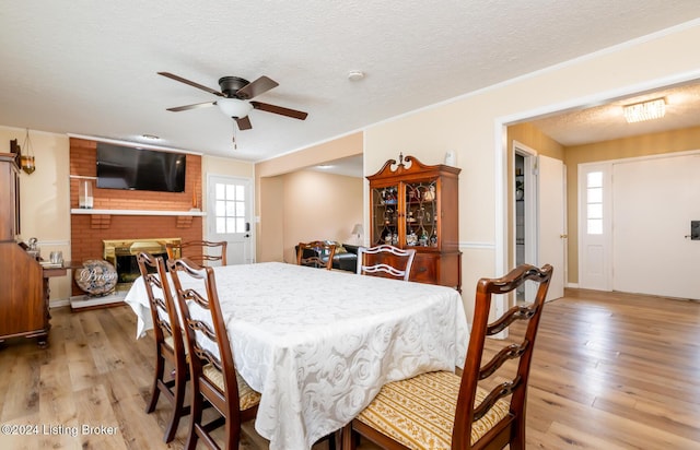 dining area with a textured ceiling, ceiling fan, crown molding, a fireplace, and light hardwood / wood-style floors