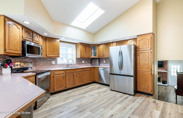 kitchen with a skylight, a wealth of natural light, sink, and appliances with stainless steel finishes