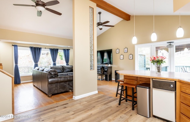 kitchen with pendant lighting, light hardwood / wood-style floors, and a wealth of natural light