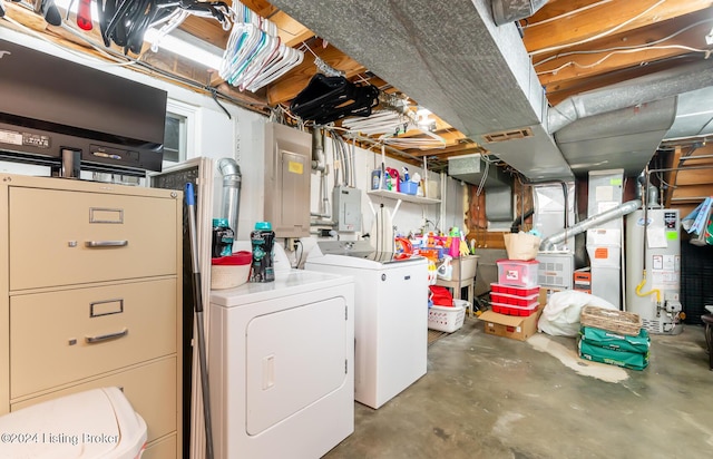 basement featuring washing machine and clothes dryer, electric panel, and water heater