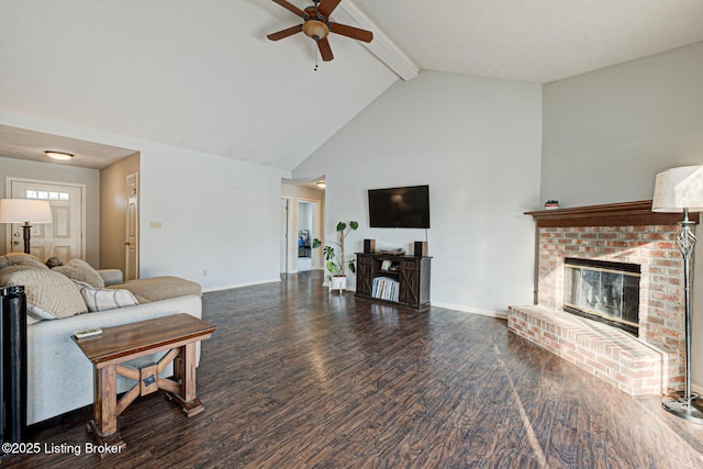 living room featuring a brick fireplace, high vaulted ceiling, dark hardwood / wood-style flooring, ceiling fan, and beamed ceiling