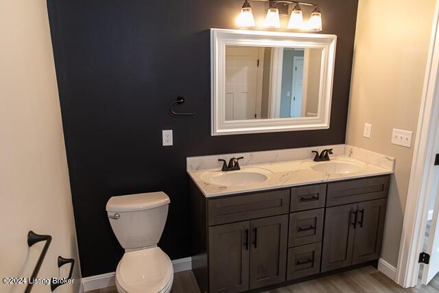 bathroom with wood-type flooring, vanity, and toilet