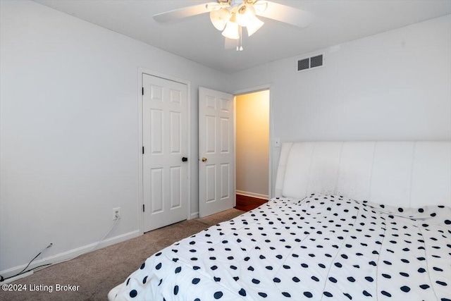 bedroom featuring ceiling fan and carpet floors