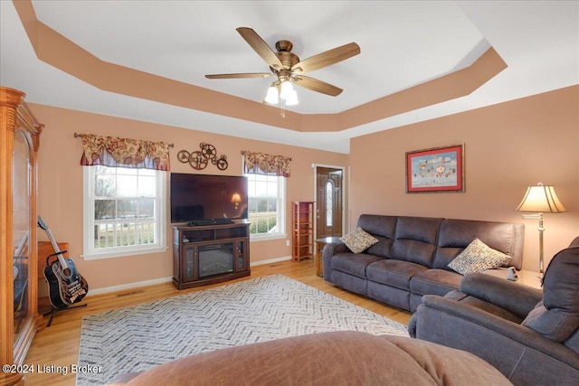 living room featuring ceiling fan, a raised ceiling, and light wood-type flooring