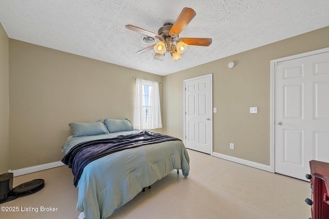 bedroom with ceiling fan and a textured ceiling