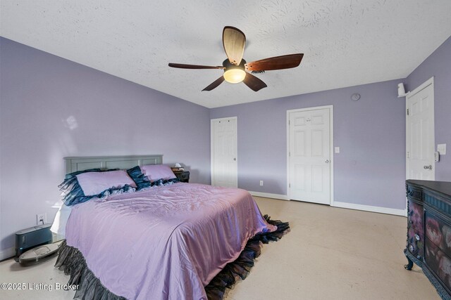 bedroom with ceiling fan and a textured ceiling