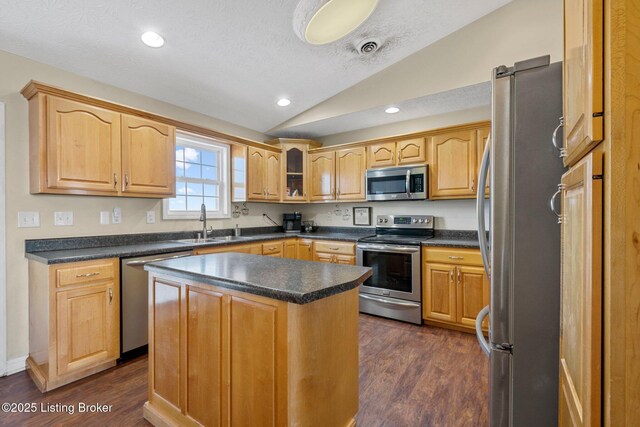 kitchen with stainless steel appliances, dark wood-type flooring, sink, a kitchen island, and lofted ceiling