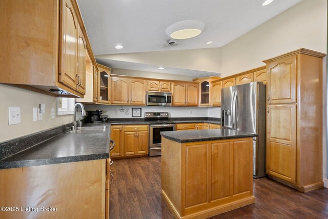 kitchen featuring sink, stainless steel appliances, dark hardwood / wood-style floors, vaulted ceiling, and a kitchen island