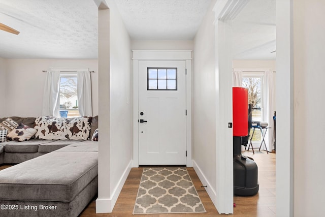 foyer featuring wood-type flooring and a textured ceiling