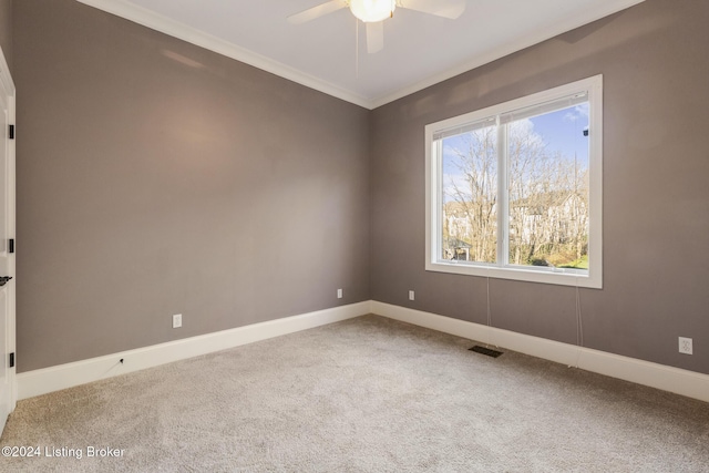 spare room featuring carpet, ceiling fan, and crown molding