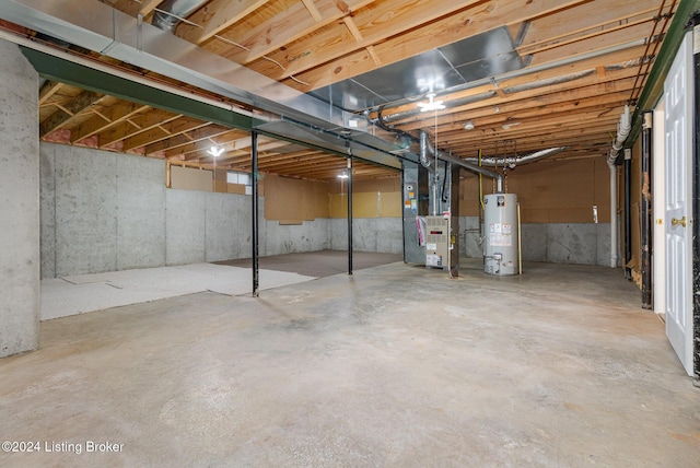 basement with gas water heater and heating unit