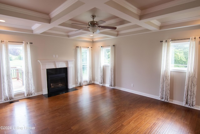 unfurnished living room featuring crown molding, coffered ceiling, and dark hardwood / wood-style floors