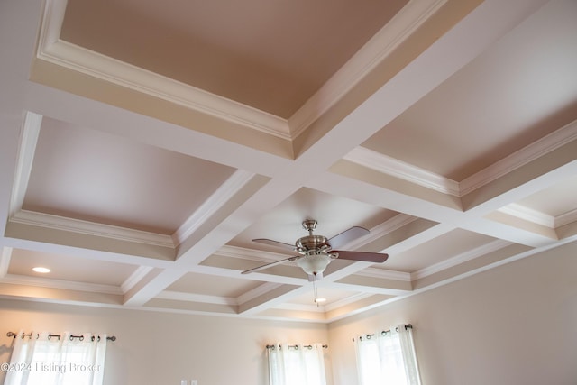 room details with ceiling fan, beamed ceiling, coffered ceiling, and ornamental molding