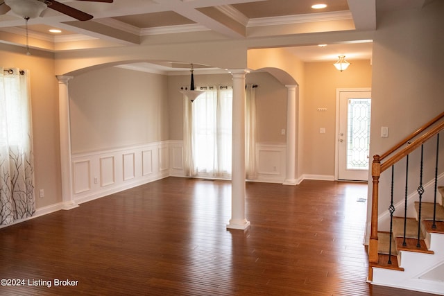 entryway with dark hardwood / wood-style flooring, ornate columns, ornamental molding, and coffered ceiling