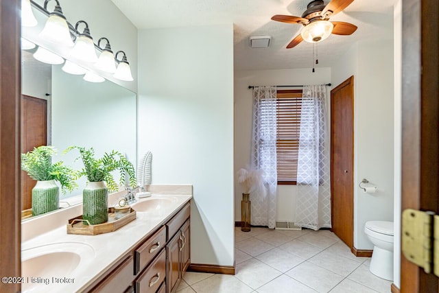 bathroom featuring toilet, a textured ceiling, vanity, ceiling fan, and tile patterned flooring