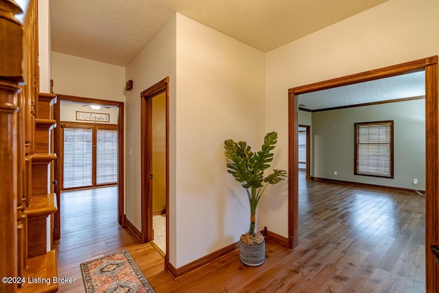 corridor featuring a textured ceiling and light hardwood / wood-style flooring