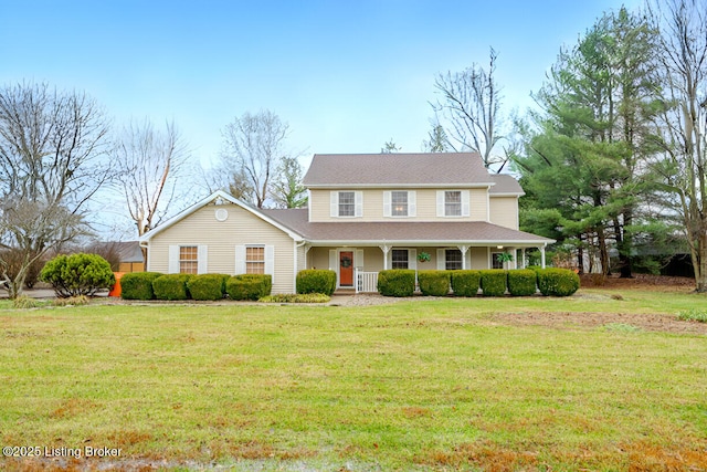 view of front of house with a porch and a front lawn