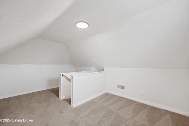 additional living space with light colored carpet, lofted ceiling, and a textured ceiling