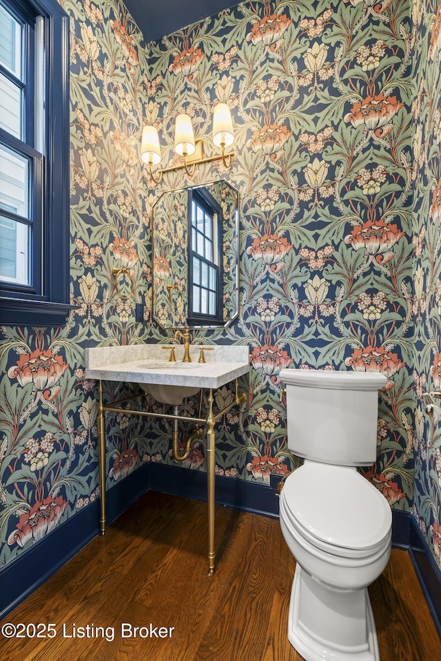 bathroom featuring wood-type flooring and toilet