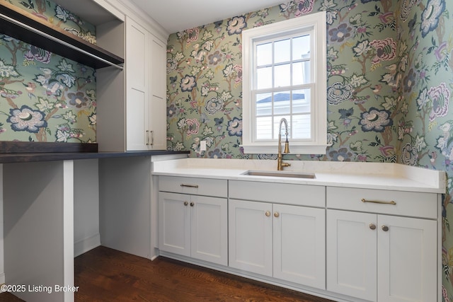 kitchen featuring white cabinets, dark hardwood / wood-style flooring, and sink