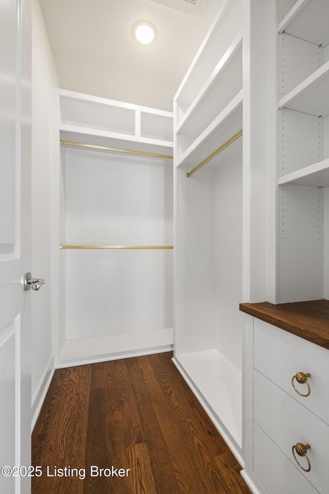 spacious closet with dark hardwood / wood-style flooring