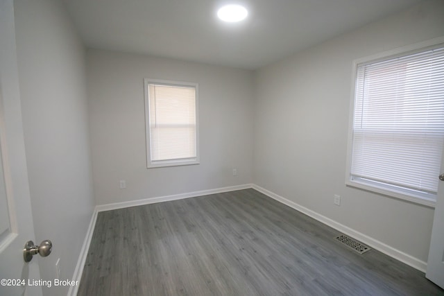 spare room featuring plenty of natural light and dark hardwood / wood-style flooring