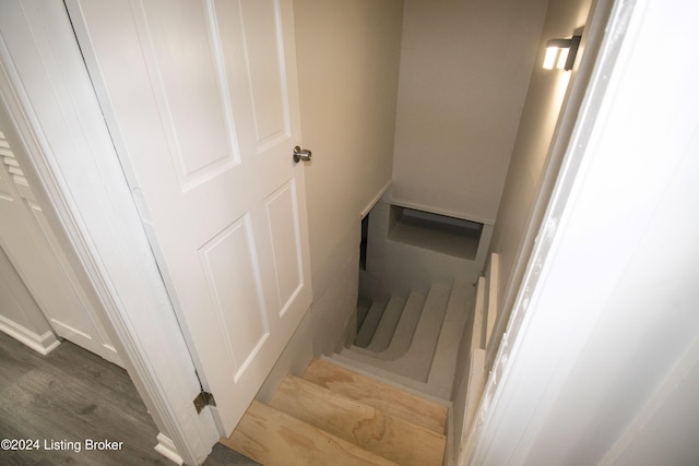 stairway with hardwood / wood-style floors