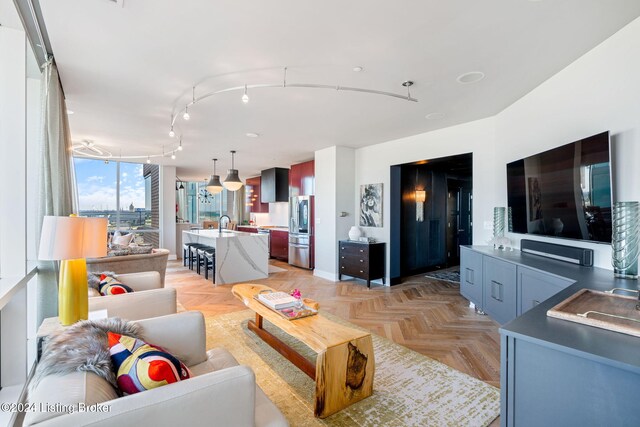 living room with light parquet flooring