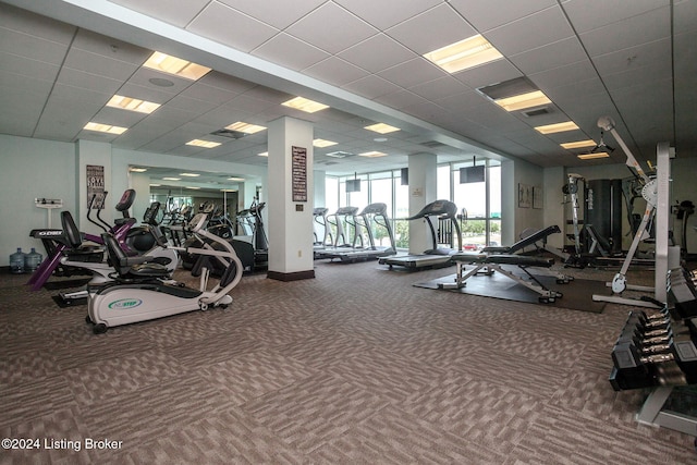 exercise room with carpet flooring and a drop ceiling