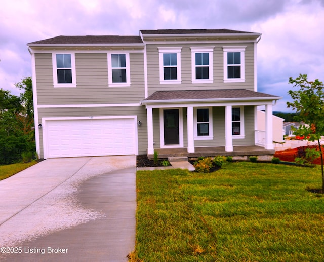 429 Highland Ridge Mt, Washington, KY 40047 - view of front of property featuring covered porch, a garage, driveway, and a front lawn