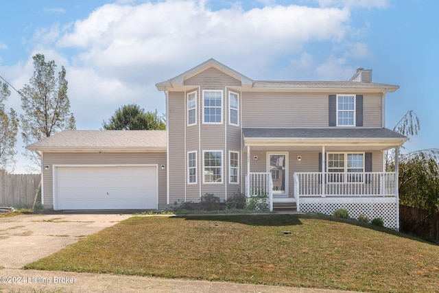 view of front facade with covered porch, a garage, and a front lawn