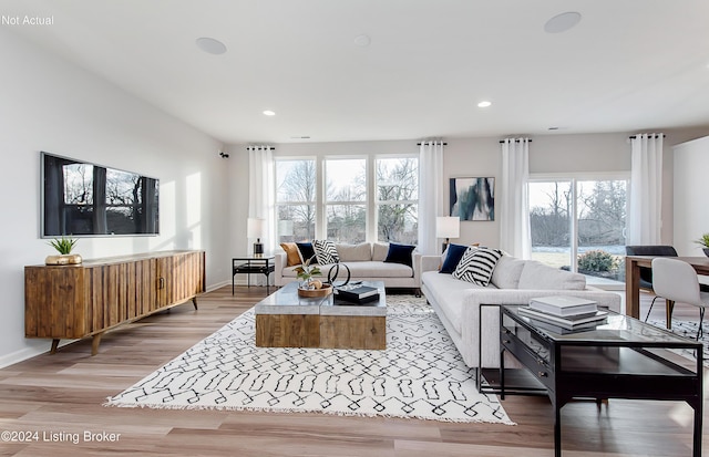 living room featuring plenty of natural light and light hardwood / wood-style floors