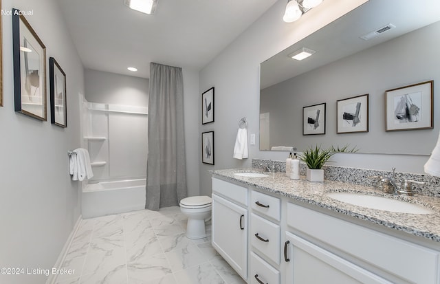 full bathroom with shower / bath combo with shower curtain, vanity, and toilet